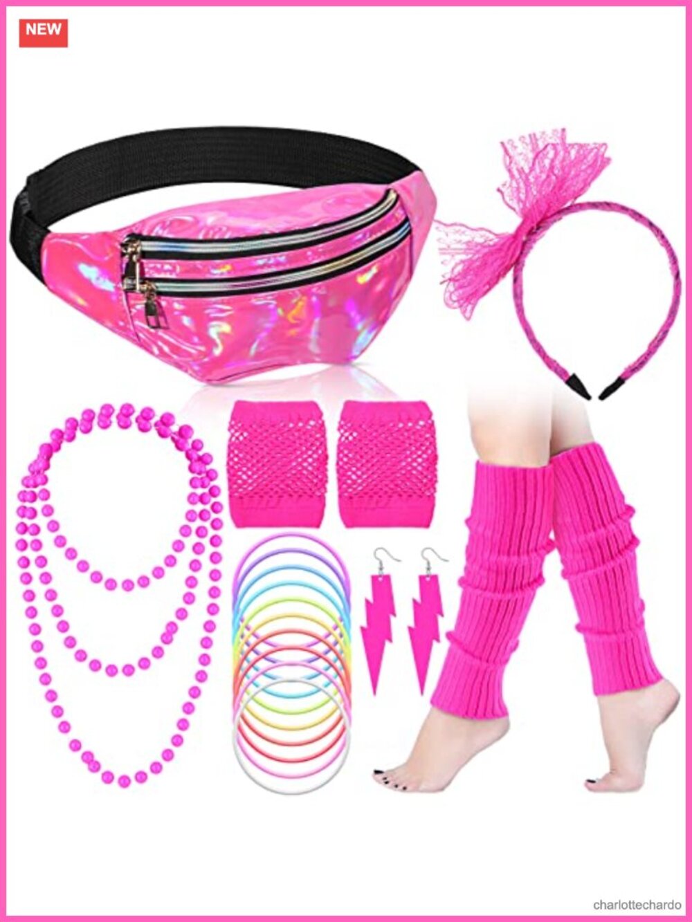 80s Costume Accessories Set for Women - Fanny Pack, Leg Warmers, Fishnet